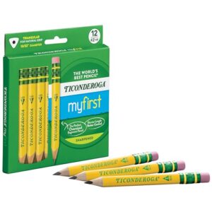 Ticonderoga My First Short Triangular Wood-Cased Pencils, 2 HB Soft, With Erasers, Yellow, 12 Count