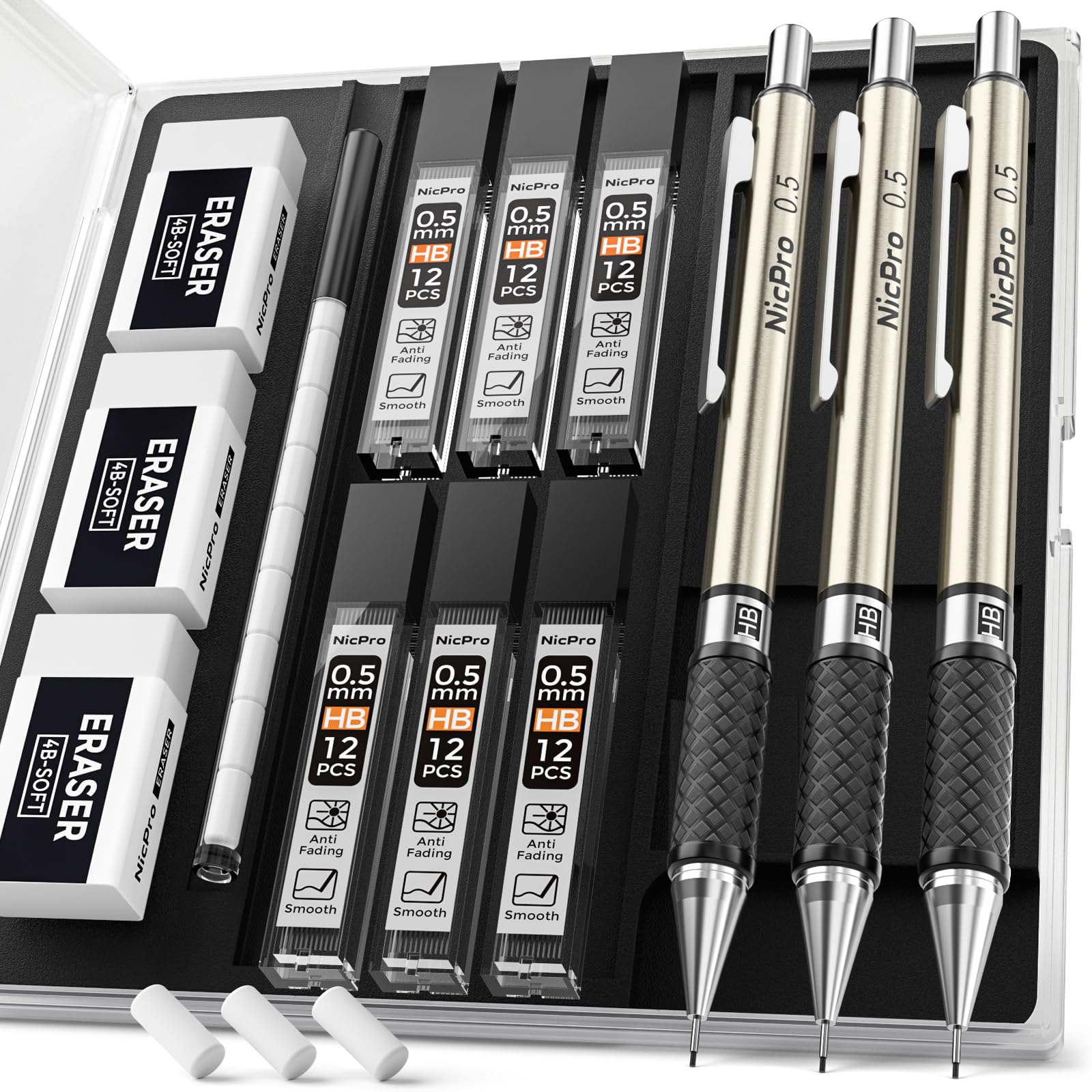 Nicpro 0.5 mm Art Mechanical Pencil Set in Storage Case, 3 PCS Metal Drafting Pencil Lead Pencil with 6 Tube HB Lead Refills, 3 Erasers, 9 PCS Eraser Refills for Artist Writing, Drawing, Sketching