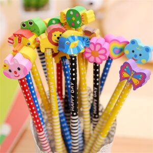 yansanido 40 pcs colorful 7.28 inch length random cartoon eraser pencils, cute pencils for office, school supplies students children gift (40)