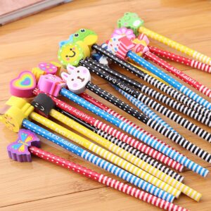 Yansanido 40 Pcs Colorful 7.28 Inch Length Random Cartoon Eraser Pencils, Cute Pencils for Office, School Supplies Students Children Gift (40)