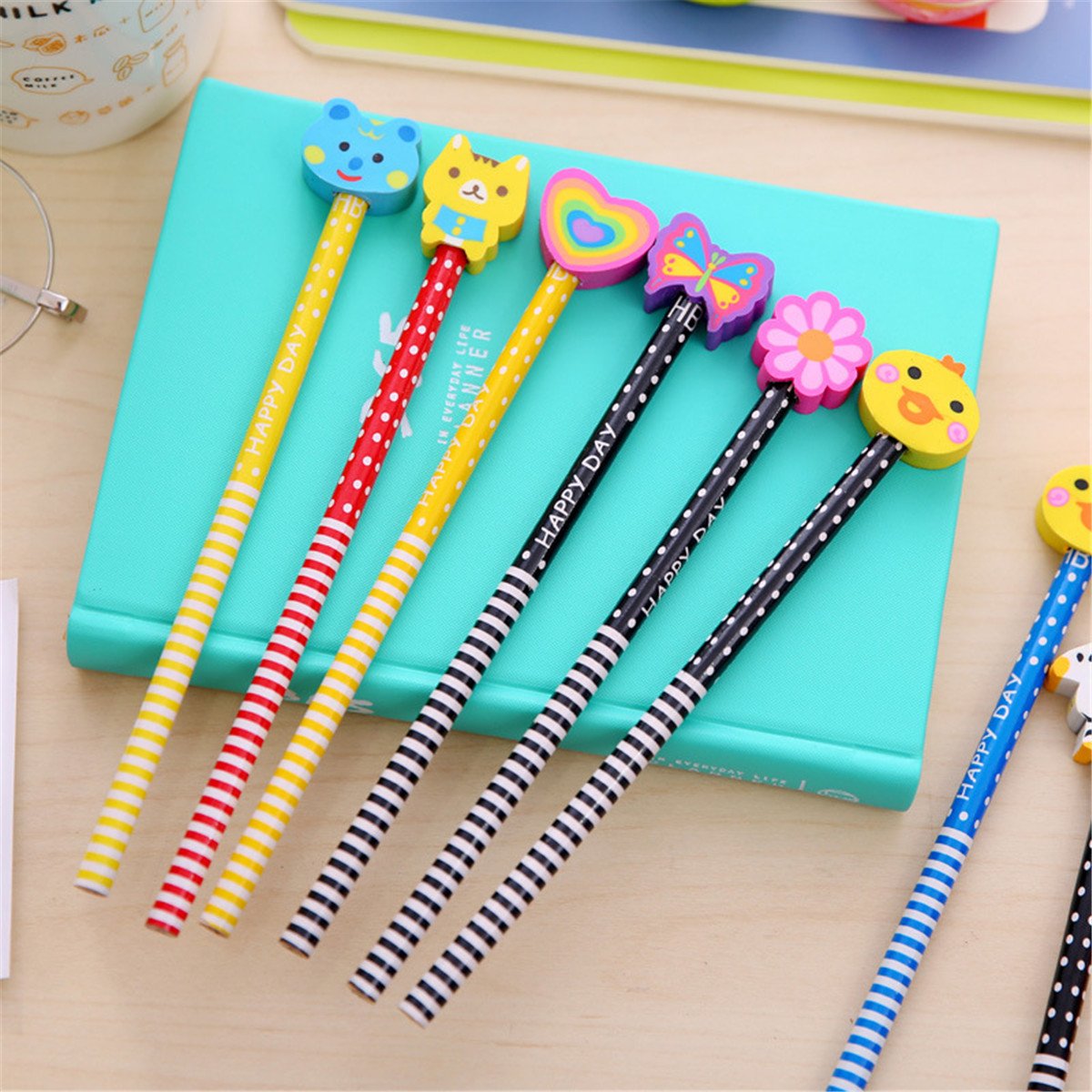 Yansanido 40 Pcs Colorful 7.28 Inch Length Random Cartoon Eraser Pencils, Cute Pencils for Office, School Supplies Students Children Gift (40)