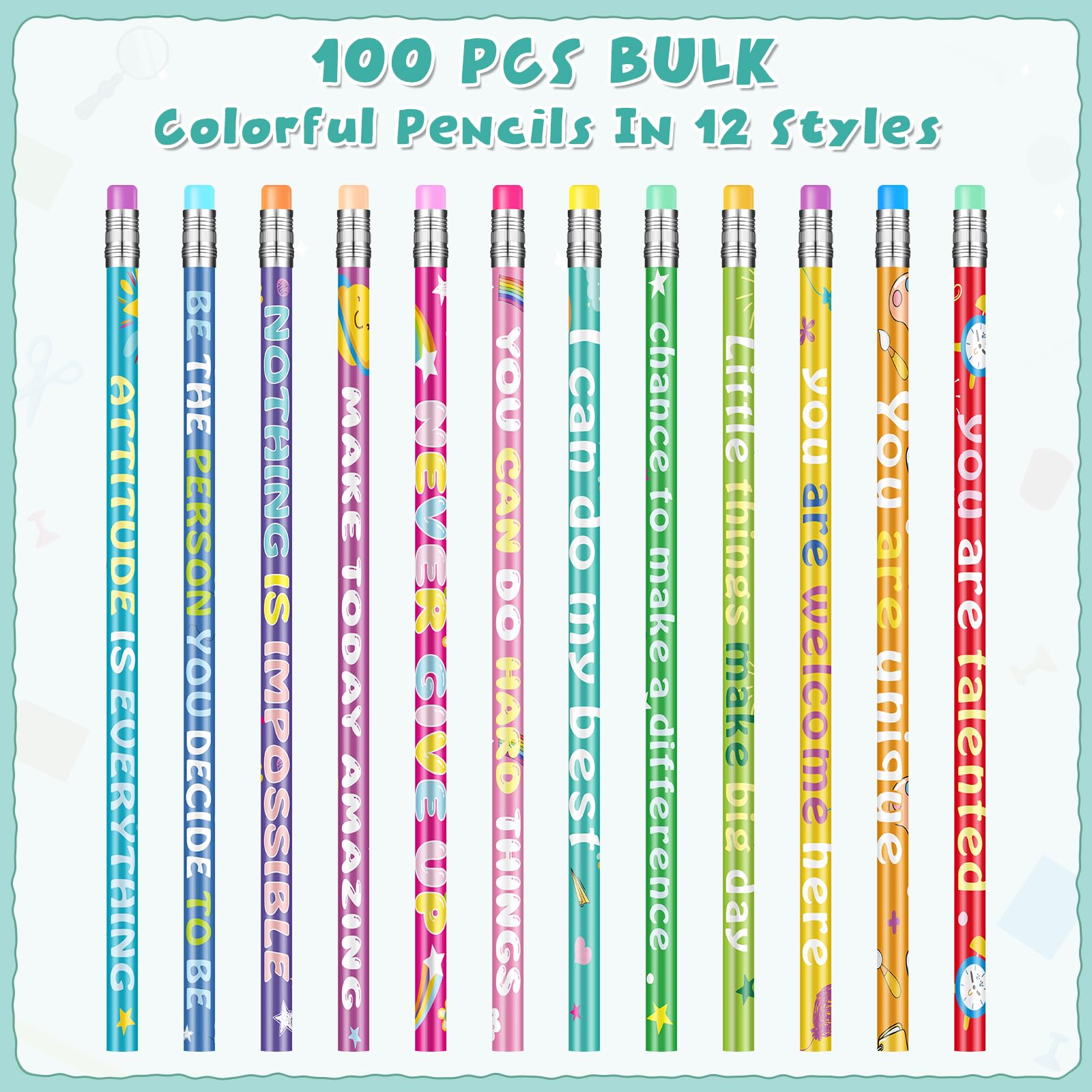 100 Pcs Motivational Pencils Bulk, Rainbow Inspirational School Pencils for Classroom, Cute Pencils with Encourage Positive Sayings, Back to School Supplies for Kids Student Teacher Classroom Reward