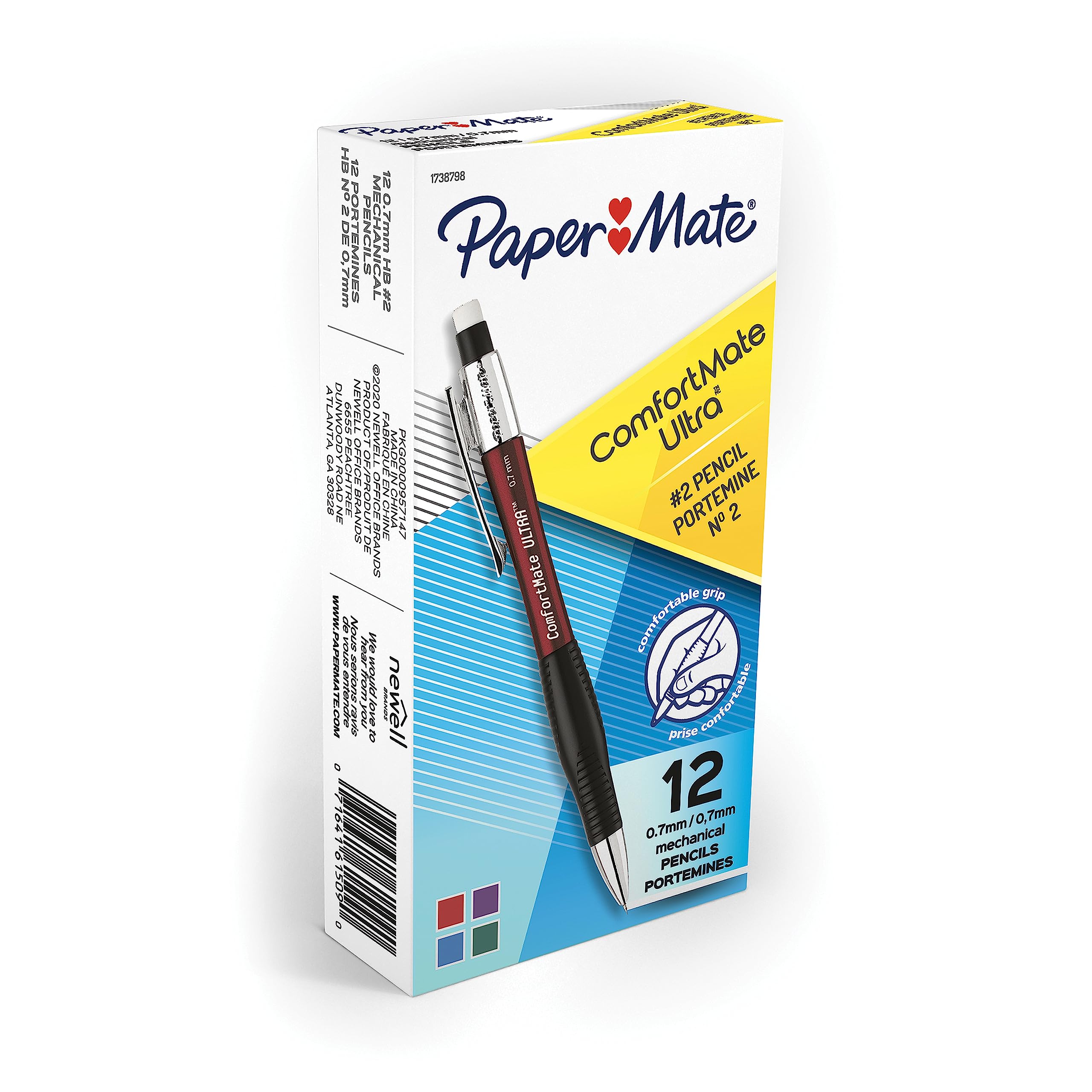 Paper Mate Comfort Mate Ultra Mechanical Pencils, 0.7mm, HB #2, Assorted Colors, 12 Count