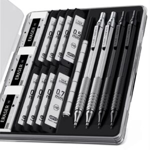 four candies 4pcs metal mechanical pencils set with case, 0.5mm & 0.7 mm artist pencil with 8 tubes (480pcs) hb lead refills, 3 erasers,9 eraser refills for writing drafting, drawing, black&sliver