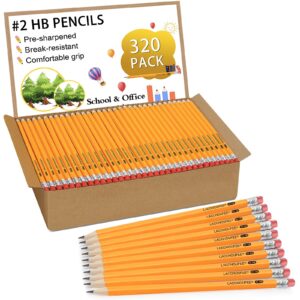 LACCHOUFEE 320 Pack #2 Pencils Bulk Pre-sharpened Pencils with Eraser top, 2 HB Pencils for Writhing Drawing, Yellow Wood-Cased Pencils in Bulk for Office, School, Teacher and Classroom Supplies