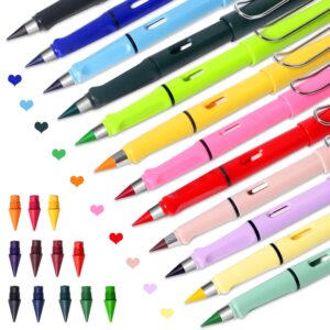frutasky 12 colors forever pencil with erase - long lasting writing infinity pencil with extra 12 replaceable heads, never sharpen everlasting inkless pencil for sketch, drawing, school supplies