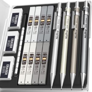 Nicpro 4 Pack 0.5mm Mechanical Pencil Set with Case, Metal Mechanical Pencil Drafting Pencil Lead 0.5mm for Artist Writing, Sketching, Drawing, 8 Tube HB #2 Refill, 3 PCS 4B Eraser, 9 Eraser Refill