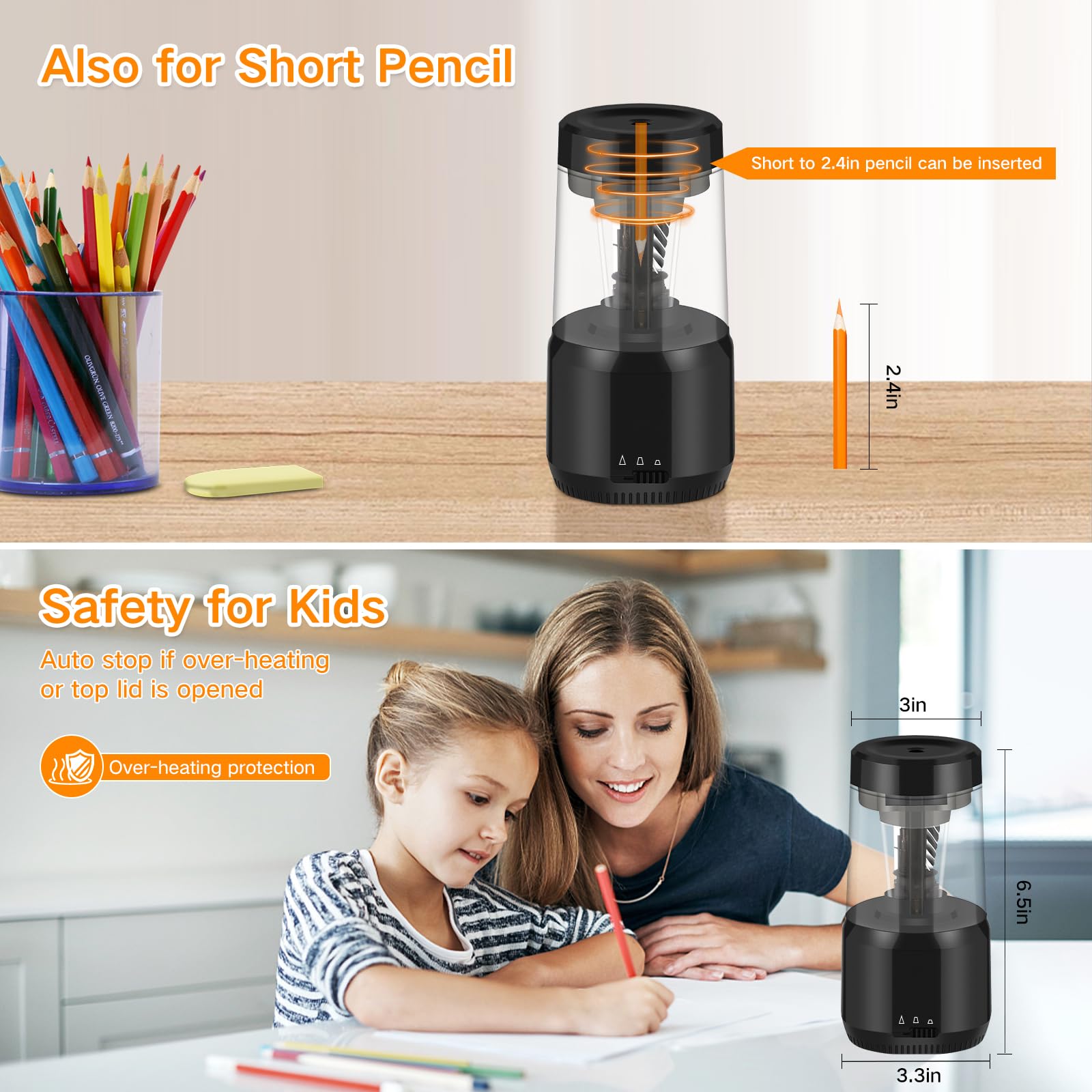 Electric Pencil Sharpener, 2000mAh Battery Operated Pencil Sharpener Electric Plug in for 6-8mm Pencils, Rechargeable Full Automatic Cordless Pencil Sharpener for Classroom Home Kid, Auto Stop, Fast