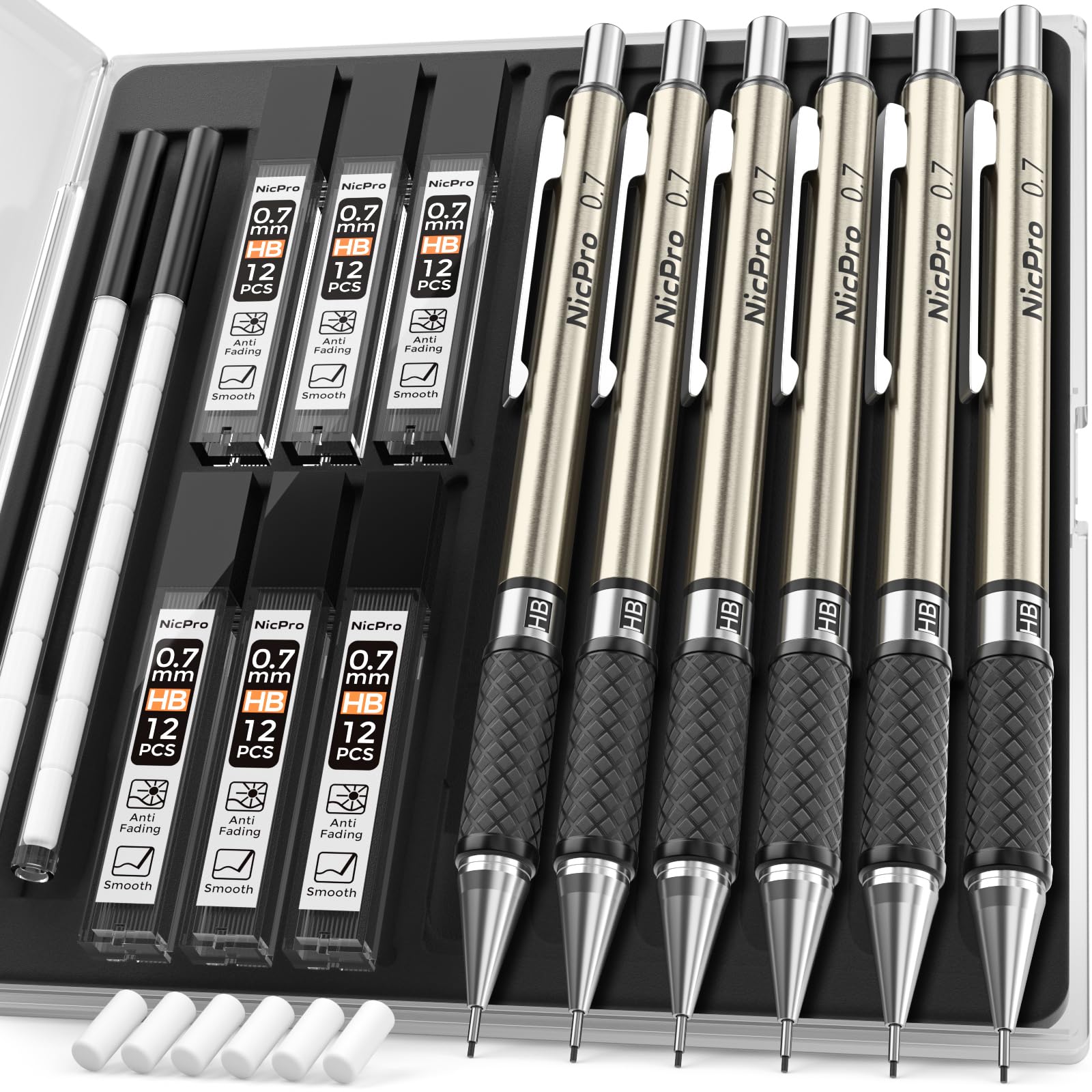 Nicpro 0.7 mm Art Mechanical Pencils Set, 6 PCS Metal Drafting Pencil 0.7mm Tube HB Lead Refills & 18 Cap Eraser for Adults, Children, Artist Writing, Drawing, Sketching, Black, 1 Count (Pack of 6)