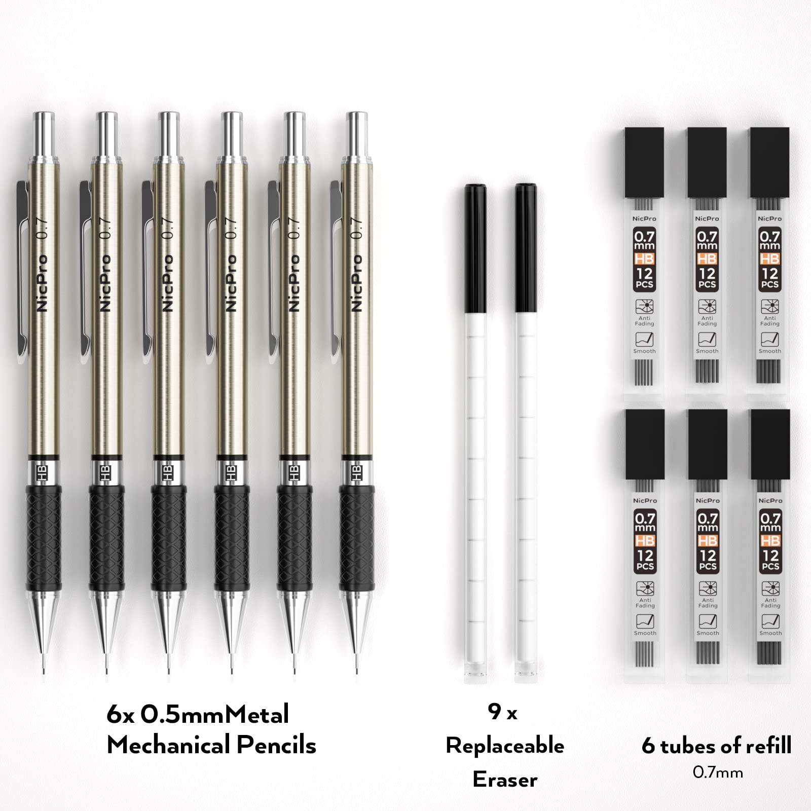 Nicpro 0.7 mm Art Mechanical Pencils Set, 6 PCS Metal Drafting Pencil 0.7mm Tube HB Lead Refills & 18 Cap Eraser for Adults, Children, Artist Writing, Drawing, Sketching, Black, 1 Count (Pack of 6)