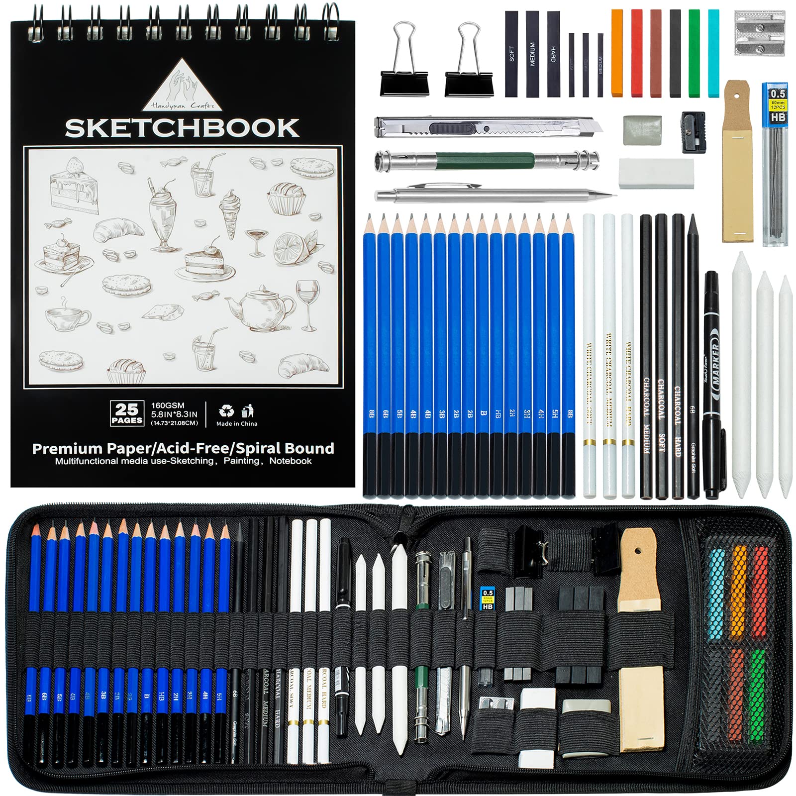 Handyman Crafts 50pcs Sketching Drawing Pencils Set Art Supplies | Sketch pencils,Graphite,Charcoal,Sketch book,Drawing supplies | In Black Zipper Case | For adults,teeage, Kids 9-12