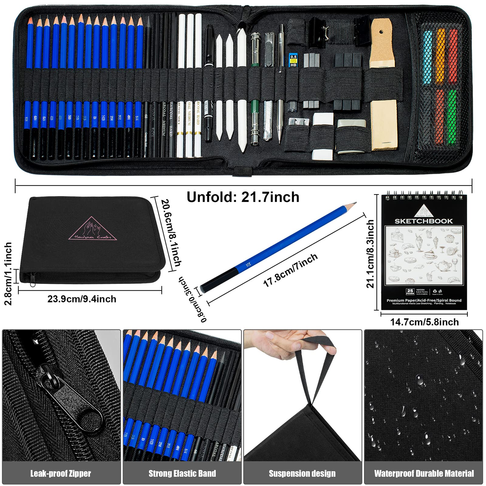 Handyman Crafts 50pcs Sketching Drawing Pencils Set Art Supplies | Sketch pencils,Graphite,Charcoal,Sketch book,Drawing supplies | In Black Zipper Case | For adults,teeage, Kids 9-12