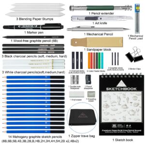 Handyman Crafts 50pcs Sketching Drawing Pencils Set Art Supplies | Sketch pencils,Graphite,Charcoal,Sketch book,Drawing supplies | In Black Zipper Case | For adults,teeage, Kids 9-12