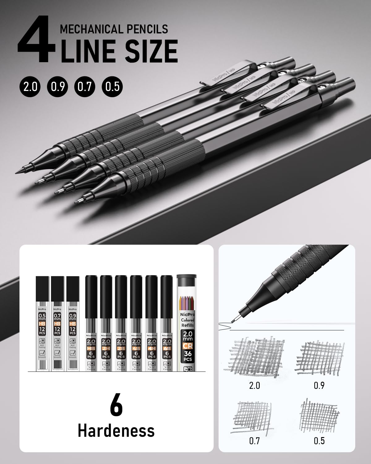 Nicpro 30PCS Black Metal Mechanical Pencil Set in Leather Case, Art Drafting Pencil 0.5, 0.7, 0.9 mm, 2mm Lead Pencil Holders for Sketching Drawing With 16 Tube (6B 4B 2B HB 2H 4H Colors)Lead Refills