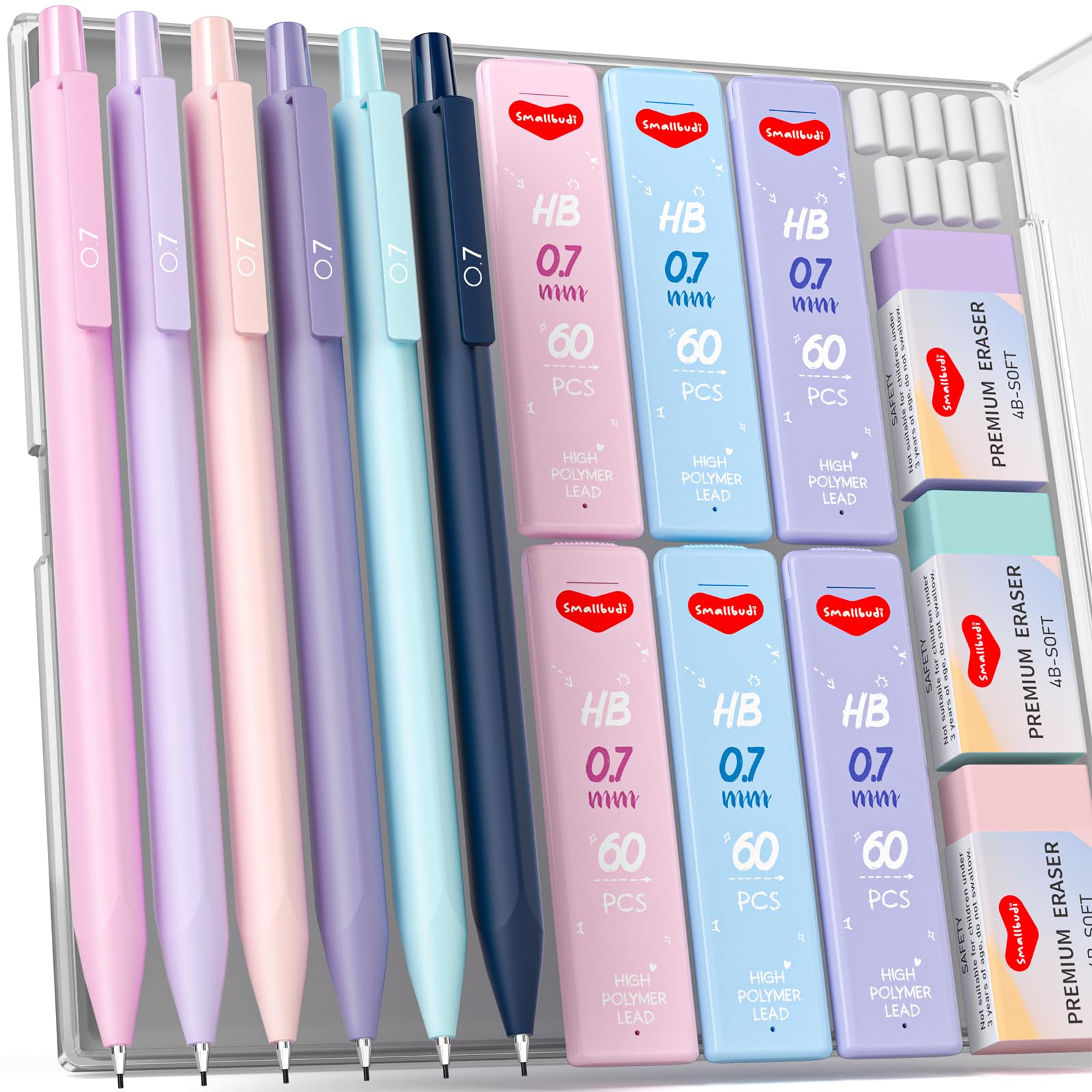 Smallbudi 6PCS 0.7 mm Mechanical Pencils Set with Case, Cute Pastel Mechanical Pencil with 360PCS HB Lead Refills, 3 Eraser, Aesthetic School Supplies Pencils for Drafting Writing Drawing Sketching