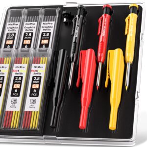 nicpro 3 pack carpenter pencil with sharpener & cap, mechanical carpenter pencils with 39 refills (red, black, yellow), deep hole marker construction heavy duty woodworking pencils - with case