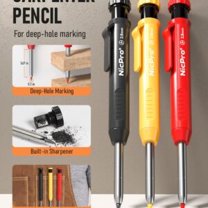 Nicpro 3 Pack Carpenter Pencil with Sharpener & Cap, Mechanical Carpenter Pencils with 39 Refills (Red, Black, Yellow), Deep Hole Marker Construction Heavy Duty Woodworking Pencils - With Case