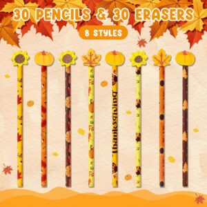 Fall Pencils with Erasers Toppers Autumn Themed Pumpkin Maple Leaf Sunflower Top Eraser Thanksgiving Decoration Bulk Pencil for Kids Students Office School Stationery Gift (30 Set)