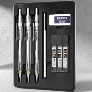 Nicpro 3 PCS 0.5 mm Art Mechanical Pencil Set with Case, Drafting Pencil 0.5mm with 3 Tubes HB Lead Refills, Eraser for School Supplier, Architect Art Writing, Drafting, Drawing, Sketching