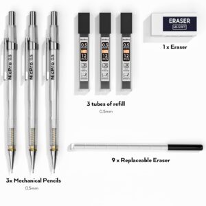 Nicpro 3 PCS 0.5 mm Art Mechanical Pencil Set with Case, Drafting Pencil 0.5mm with 3 Tubes HB Lead Refills, Eraser for School Supplier, Architect Art Writing, Drafting, Drawing, Sketching