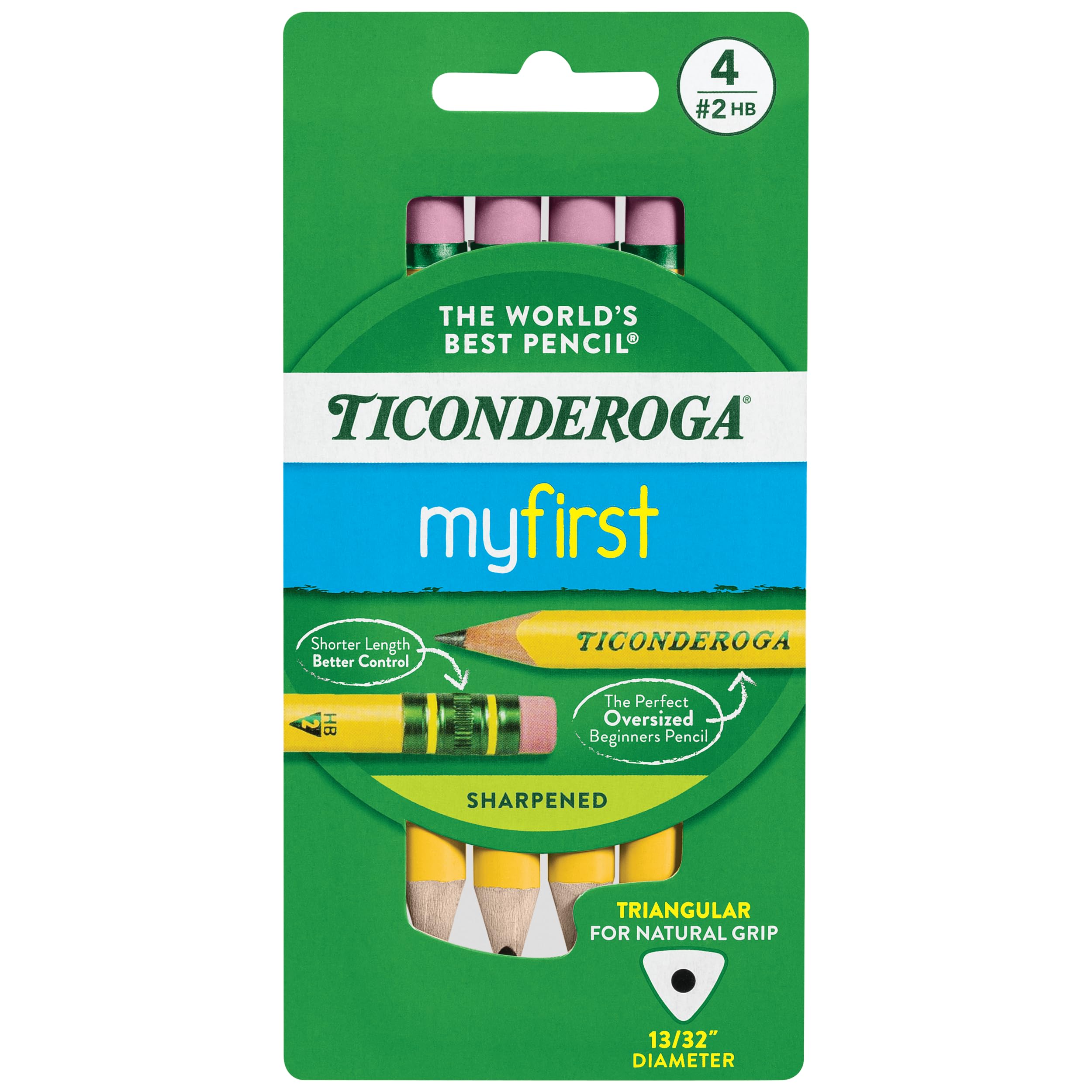 Ticonderoga My First Short Triangular Wood-Cased Pencils, 2 HB Soft, With Erasers, Yellow, 4 Count