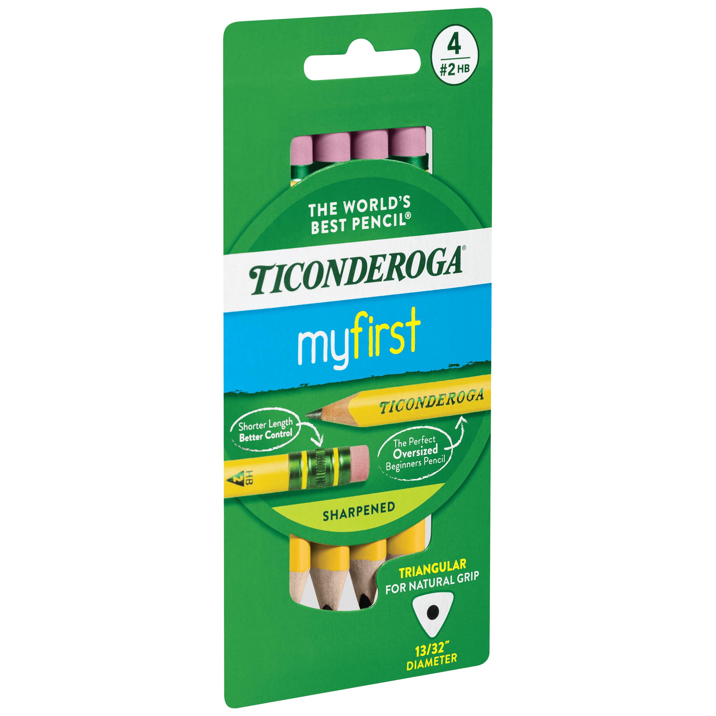 Ticonderoga My First Short Triangular Wood-Cased Pencils, 2 HB Soft, With Erasers, Yellow, 4 Count