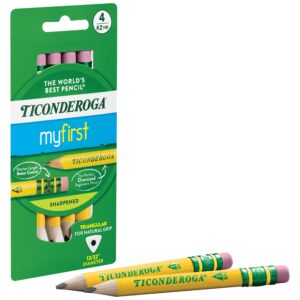 Ticonderoga My First Short Triangular Wood-Cased Pencils, 2 HB Soft, With Erasers, Yellow, 4 Count