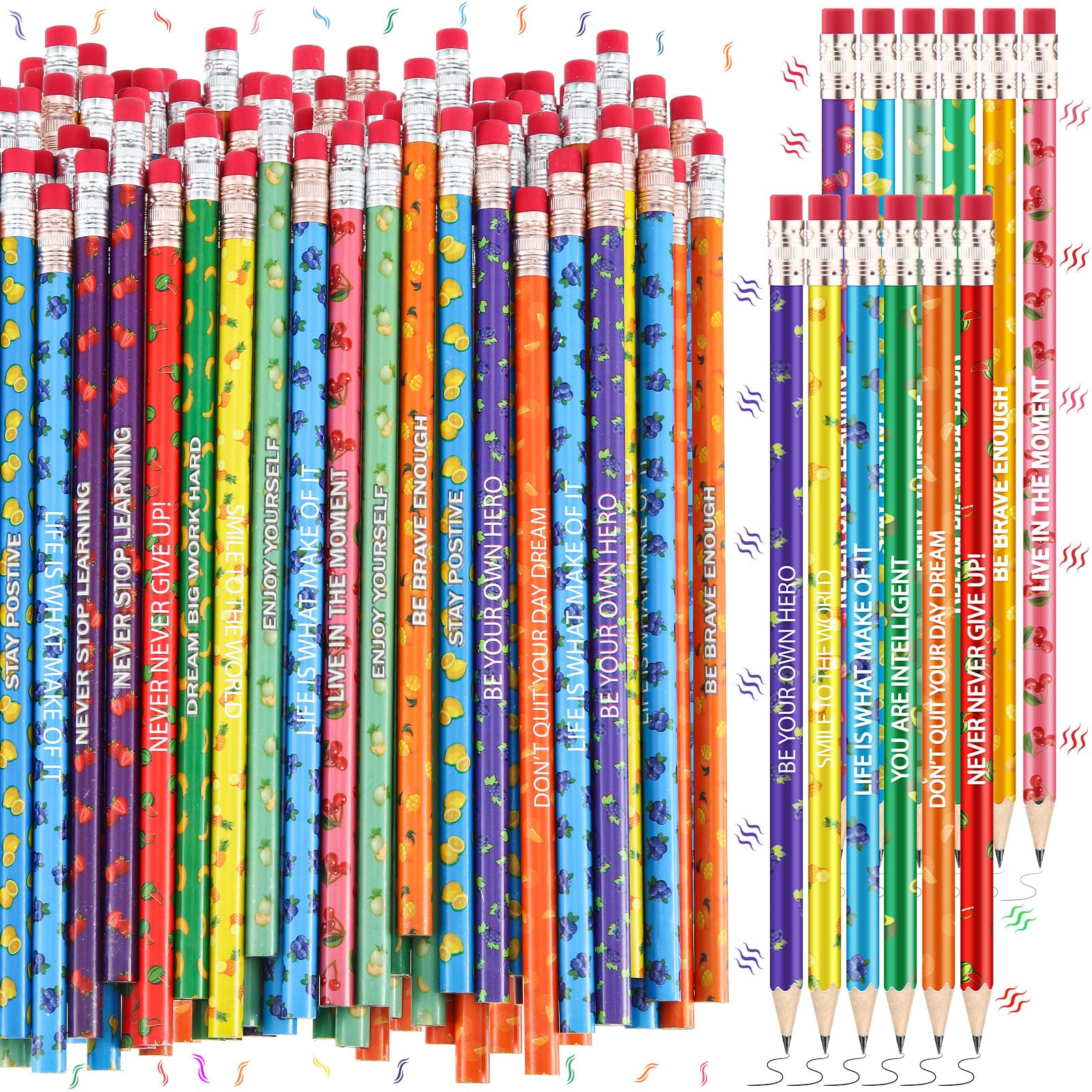 Scented Inspirational Motivational Pencils Student Colorful Fruit Pencils Cute Pencils with Eraser Wood Graphite Pencil for Girls Kids Boys School Students Gifts Supplies (120 Pcs)