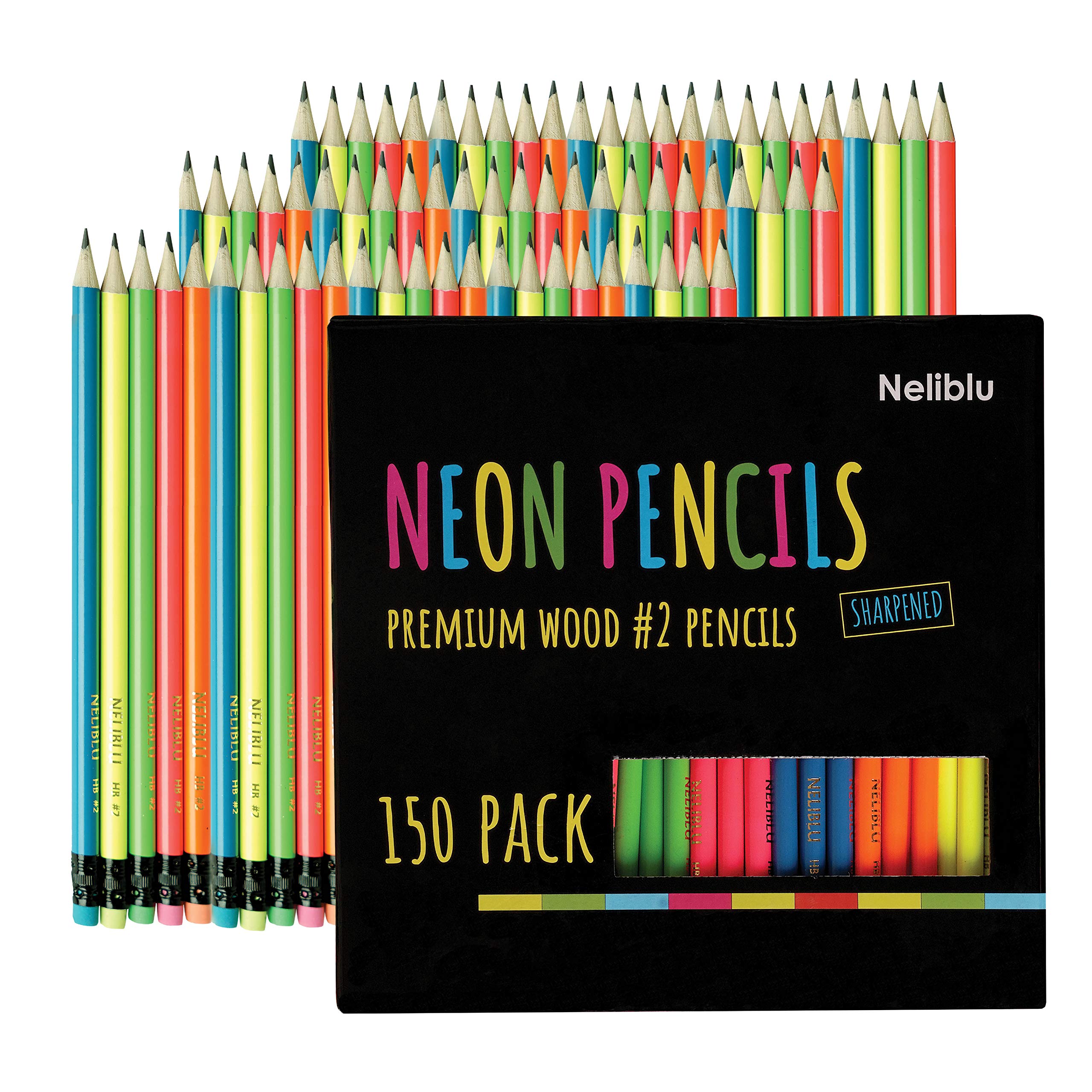 Premium Quality Pencils In Bulk - 150 Neon #2 Sharpened Wood Pencils for Kids and Adults