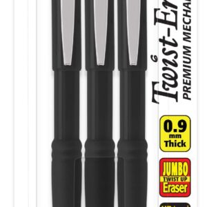 Pentel Mechanical Pencil 0.9 mm Twist Erase III - Twist Up Eraser - Pre-Loaded Super Hi-Polymer HB Lead - Black Barrel - 3-Pack - Thick Point