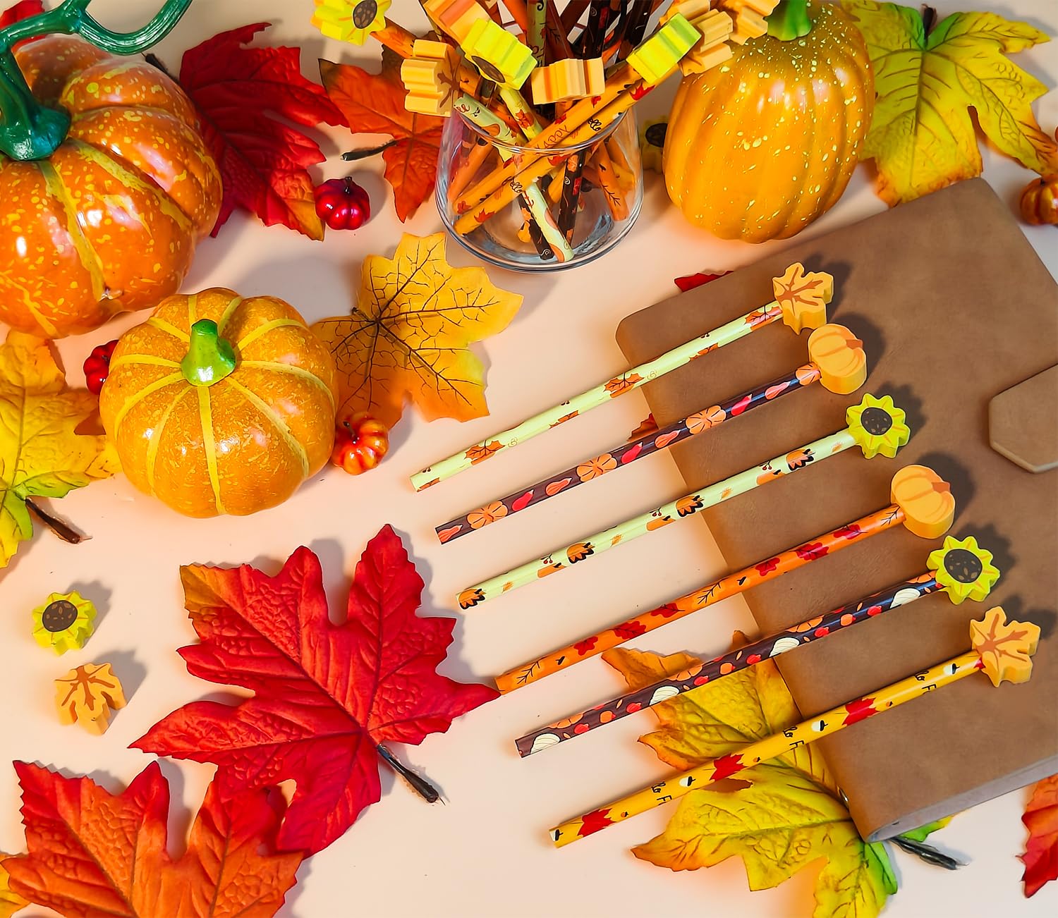 Crafterlife 50 Set Fall Pencils with Eraser Toppers, Thanksgiving Bulk Pencil with Fall Themed Top Erasers Autumn Pumpkin Maple Leaf Decoration for Kids Students School Stationery