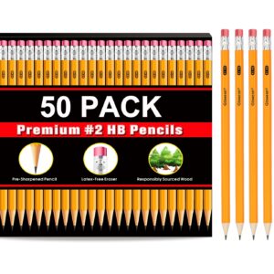 Gloween Wood-Cased #2 HB Pencils Bulk, 50 Pack Pre-Sharpened Yellow Pencils for Office School Supplies