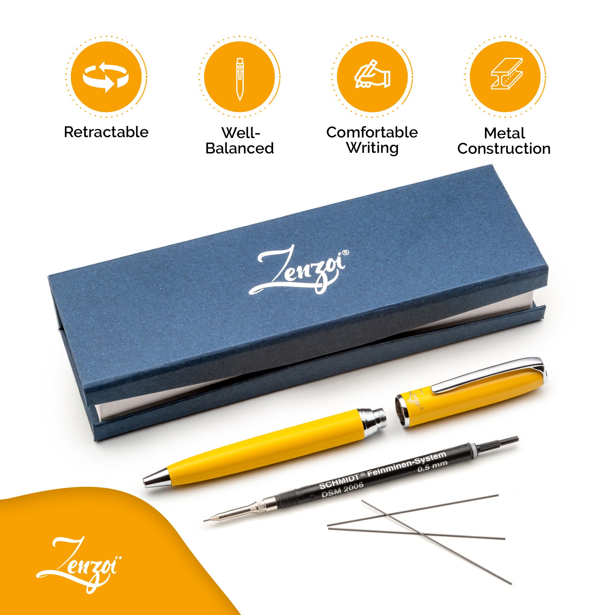 ZenZoi Yellow Mechanical Pencil w/Schmidt 0.5 mm Twist Lead System. Elegant Full Metal Pencil for Sketching, Drawing, Drafting, Writing & Note Taking. Luxury Gift Box for Men or Women