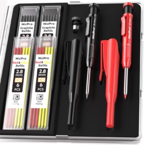 Nicpro 2Pack Carpenter Pencil with Sharpener, Mechanical Carpenter Pencils with 26 Refills (Red, Black, Yellow), Deep Hole Marker Construction Heavy Duty Woodworking Pencils for Architect