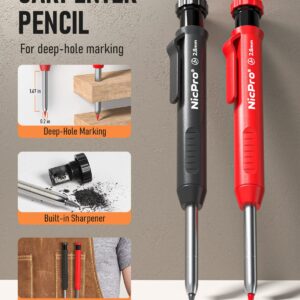 Nicpro 2Pack Carpenter Pencil with Sharpener, Mechanical Carpenter Pencils with 26 Refills (Red, Black, Yellow), Deep Hole Marker Construction Heavy Duty Woodworking Pencils for Architect