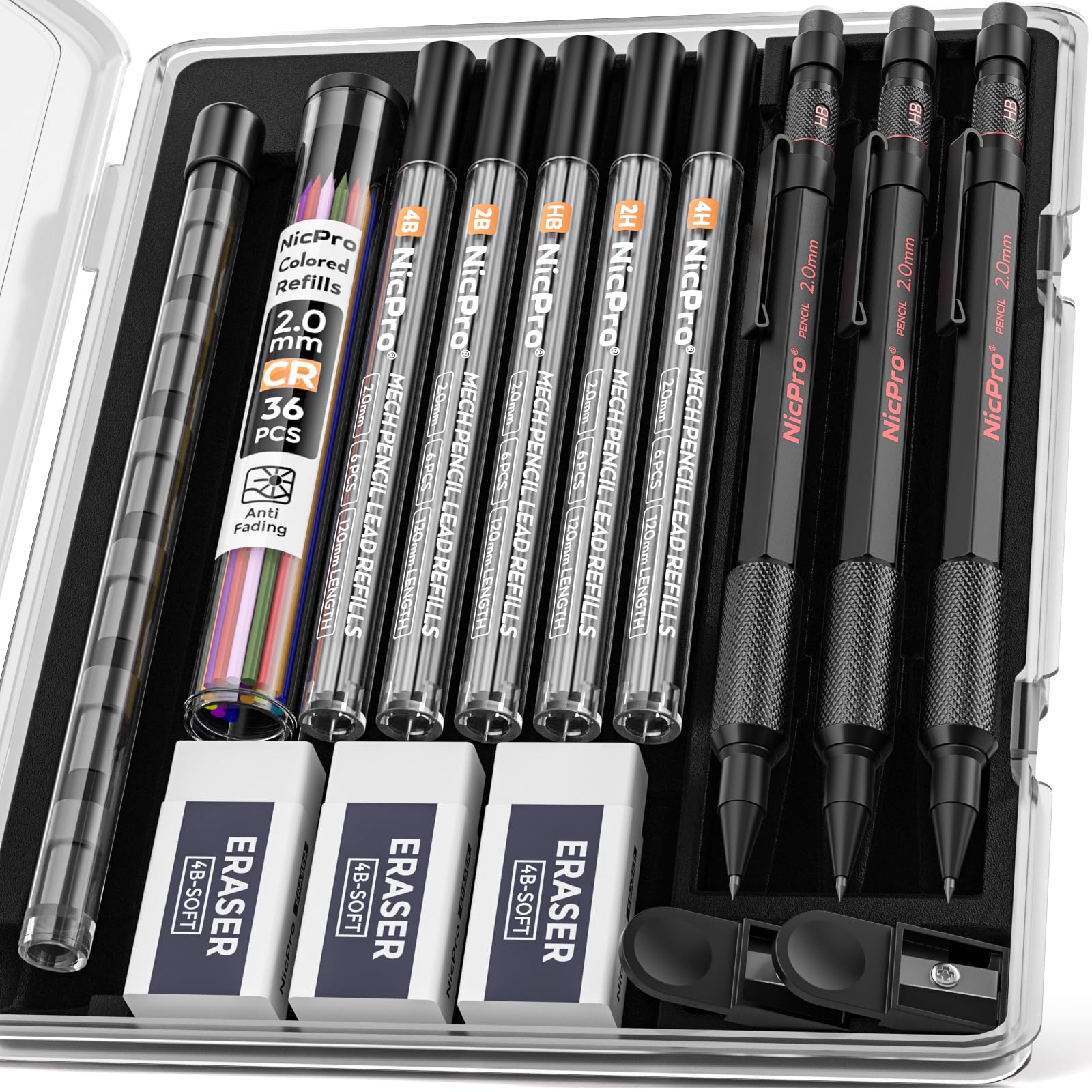 Nicpro 3 Pack 2mm Mechanical Pencils Set with Case, 33 Graphite Lead Refills (4B 2B HB 2H 4H), 36 Colored Lead, Erasers -Weatherproof Metal Barrel, Heavy Duty Carpenter Pencil For Drawing Sketching