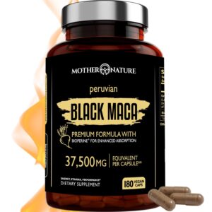 Organic Black Maca Root Extract Highest Potency 50:1, 37,500mg, 6 Month Supply, Boost Stamina, Performance, Energy, Muscle Gain & Workout, Peruvian Maca Pills w/Bioperine & Non-GMO