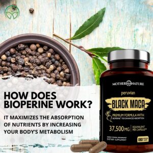 Organic Black Maca Root Extract Highest Potency 50:1, 37,500mg, 6 Month Supply, Boost Stamina, Performance, Energy, Muscle Gain & Workout, Peruvian Maca Pills w/Bioperine & Non-GMO