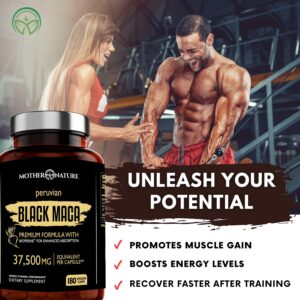 Organic Black Maca Root Extract Highest Potency 50:1, 37,500mg, 6 Month Supply, Boost Stamina, Performance, Energy, Muscle Gain & Workout, Peruvian Maca Pills w/Bioperine & Non-GMO