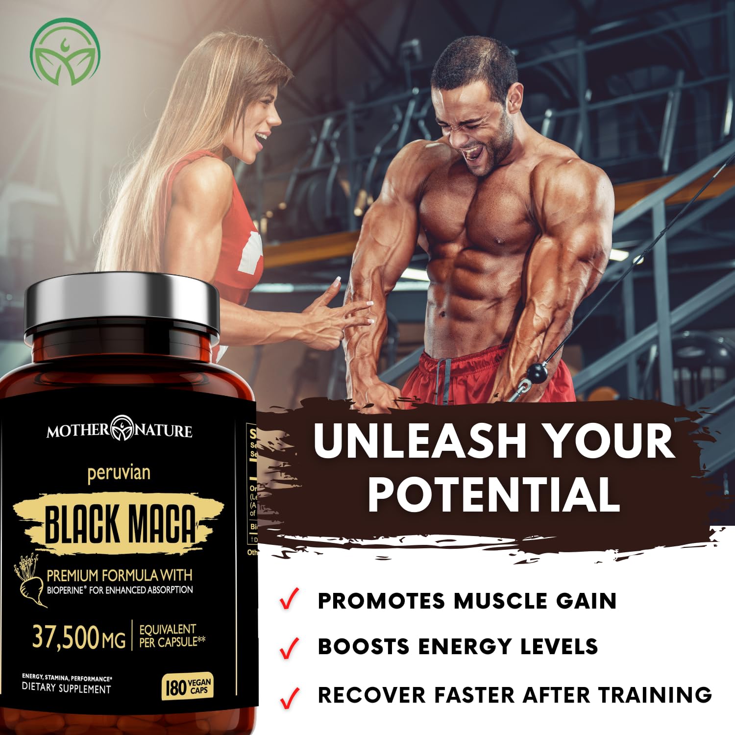 Organic Black Maca Root Extract Highest Potency 50:1, 37,500mg, 6 Month Supply, Boost Stamina, Performance, Energy, Muscle Gain & Workout, Peruvian Maca Pills w/Bioperine & Non-GMO