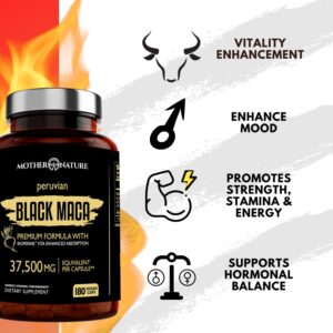 Organic Black Maca Root Extract Highest Potency 50:1, 37,500mg, 6 Month Supply, Boost Stamina, Performance, Energy, Muscle Gain & Workout, Peruvian Maca Pills w/Bioperine & Non-GMO