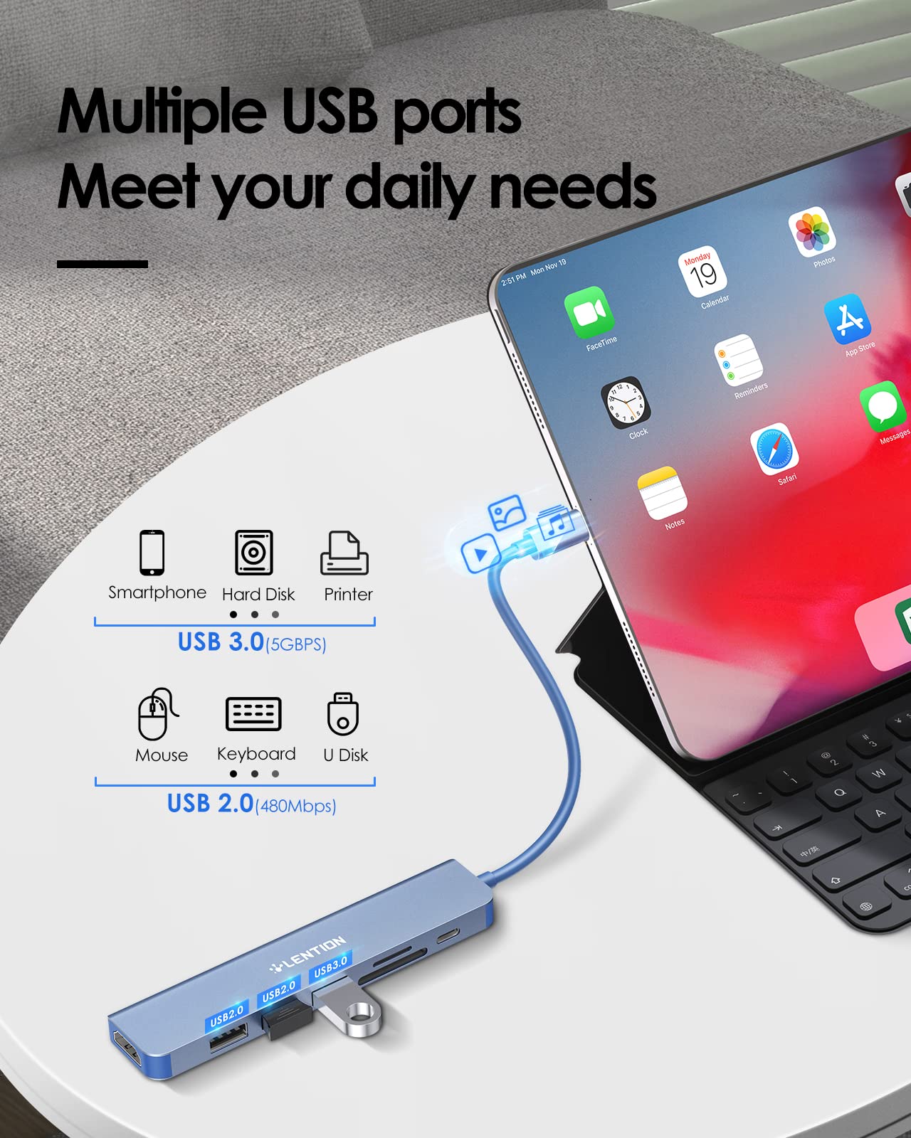 LENTION USB C Hub with 100W Charging, 4K HDMI, Dual Card Reader, USB 3.0 & 2.0 Compatible 2023-2016 MacBook Pro, New Mac Air/Surface, Chromebook, More, Stable Driver Adapter (CB-CE18,Blue)