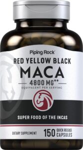 piping rock maca root capsules | 4800mg | 150 pills | red yellow black maca root | superfood | non-gmo, gluten free supplement