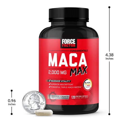 Force Factor Maca Max, Maca Root Capsules to Maximize Vitality & Performance, Made with Black Maca, Red Maca, & Yellow Maca Powder, Maca Root Powder, 2000mg, 120 Capsules