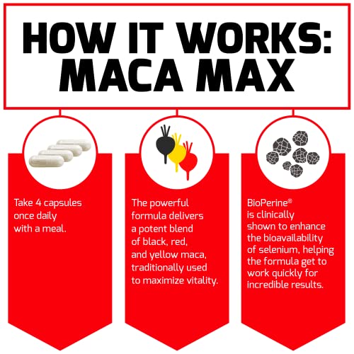 Force Factor Maca Max, Maca Root Capsules to Maximize Vitality & Performance, Made with Black Maca, Red Maca, & Yellow Maca Powder, Maca Root Powder, 2000mg, 120 Capsules