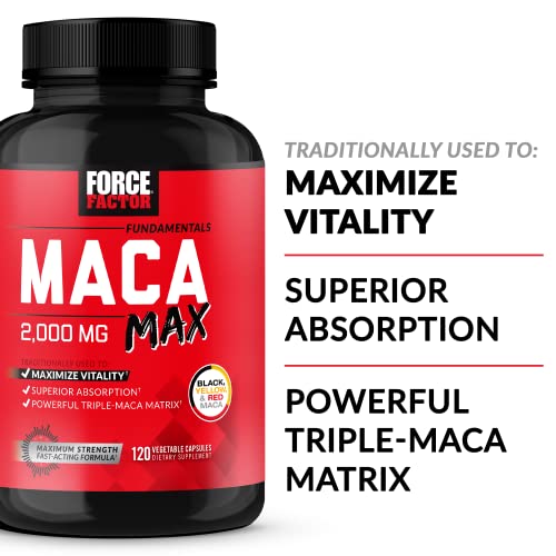 Force Factor Maca Max, Maca Root Capsules to Maximize Vitality & Performance, Made with Black Maca, Red Maca, & Yellow Maca Powder, Maca Root Powder, 2000mg, 120 Capsules