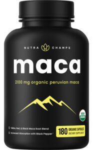 organic maca root capsules for women & men | 2100mg, 180 vegan capsules | black, red & yellow peruvian gelatinized | highest potency maca root powder supplement | supports mood, reproduction & energy