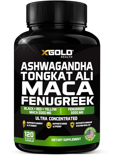 Ashwagandha 5000mg + Tongkat Ali 1000mg + Maca Root 5000mg + Fenugreek 3000mg Supplement | Black + Red + Yellow Maca Root Extract & Fenugreek Herbal Supplements for Men & Women - Made in USA