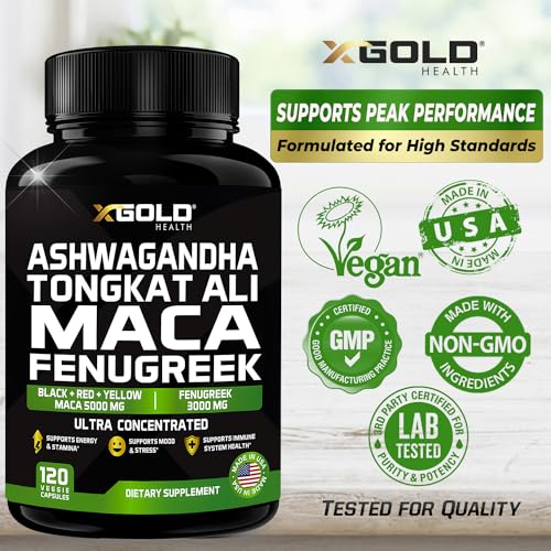 Ashwagandha 5000mg + Tongkat Ali 1000mg + Maca Root 5000mg + Fenugreek 3000mg Supplement | Black + Red + Yellow Maca Root Extract & Fenugreek Herbal Supplements for Men & Women - Made in USA