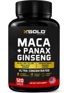 maca root capsules 10,000mg + korean panax ginseng 1,400mg - 20x concentrated extract black + red + yellow maca root, 10x concentrated extract panax ginseng capsules - ultra potent & highly purified